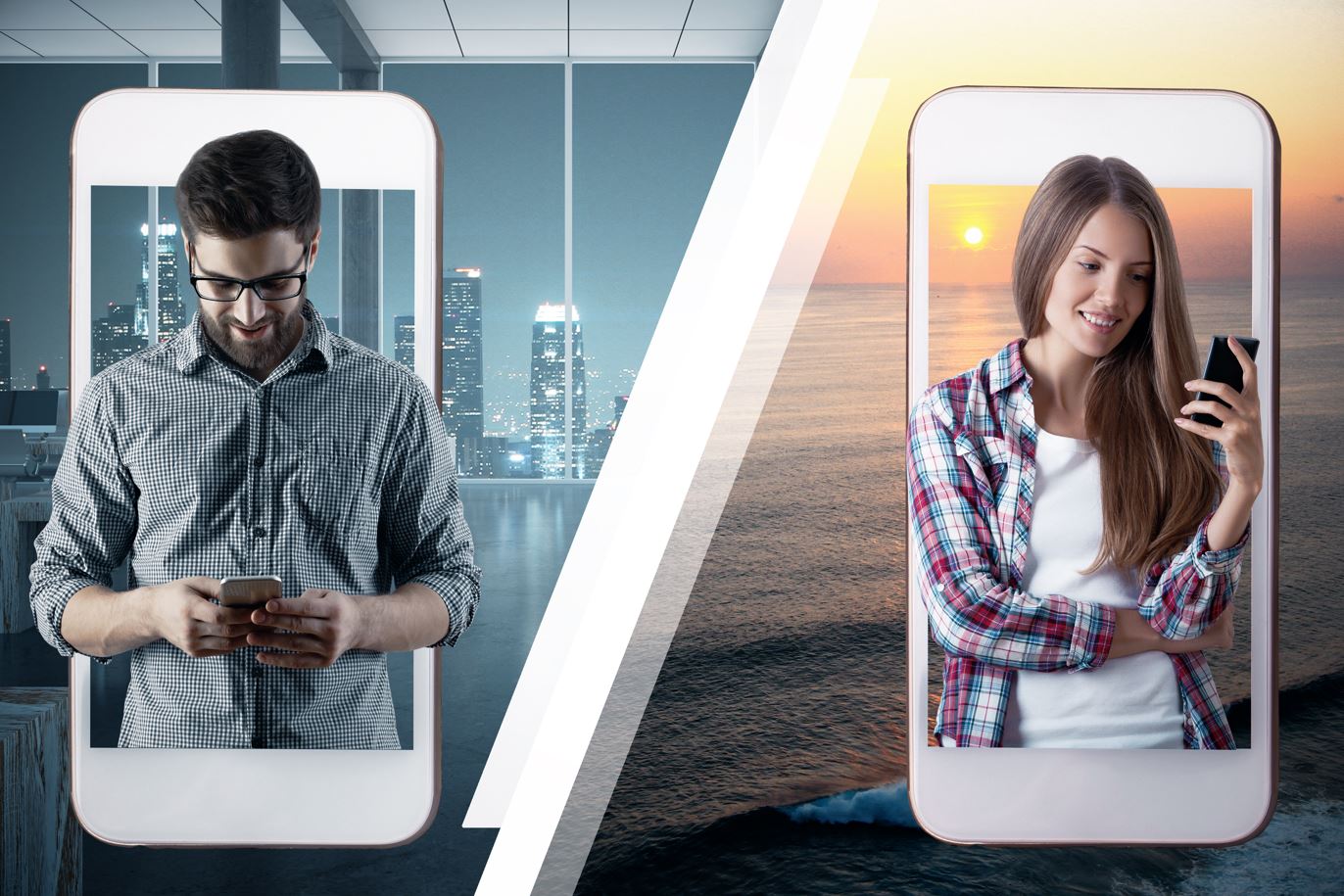 Imagem dividida com um homem de um lado olhando o celular e mulher do outro também olhando celular